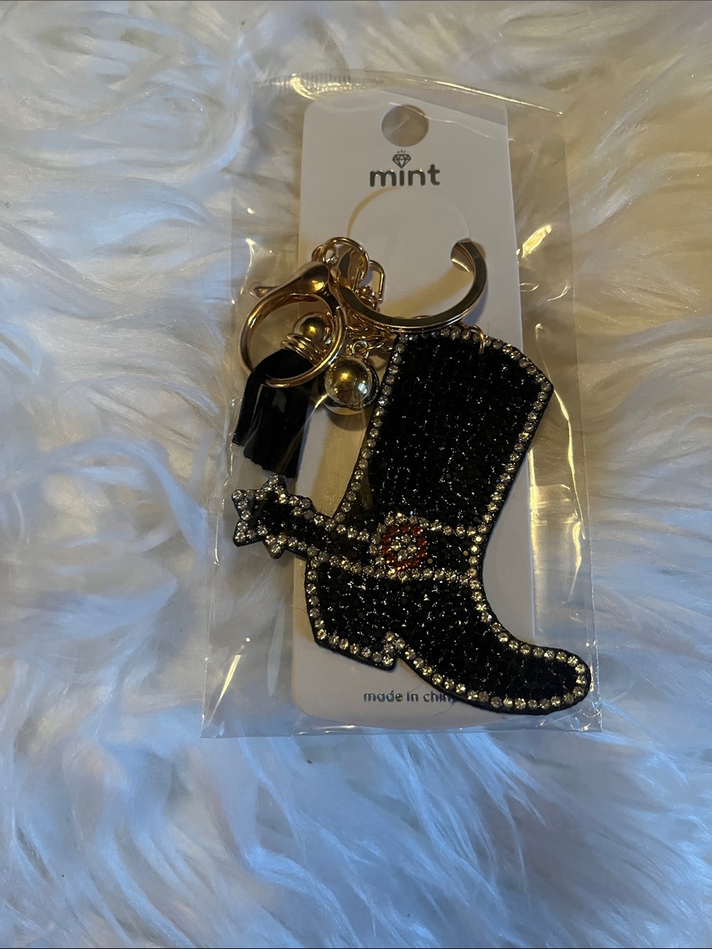 Mint Black Rhinestone Cowboy Boot Key & Bag Charm with Gold Hardware